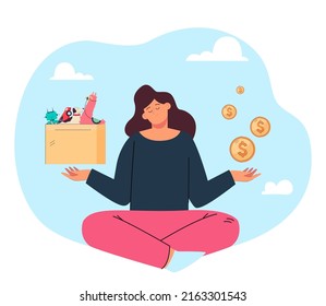 Cartoon woman thinking of selling old children toys. Meditating girl choosing between toys in box and money flat vector illustration. Finances, garage sale concept for banner or landing web page