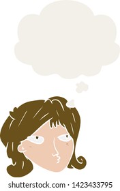 cartoon woman with thought bubble in retro style