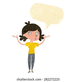 cartoon woman throwing arms in air with speech bubble
