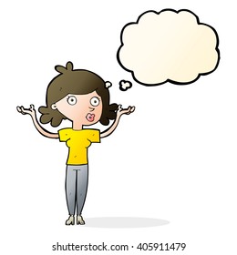 cartoon woman throwing arms in air with thought bubble