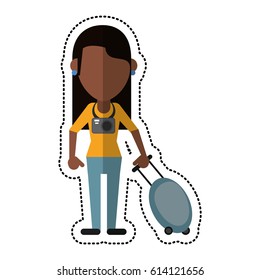 cartoon woman tourist with camera and suitcase