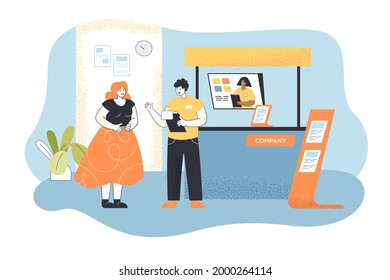 Cartoon Woman At Trade Show Flat Vector Illustration. Business Lady Talking With Company Representative Clerk Near Expo Booth. Tradeshow, Business, Expo, Fair, Advertising Concept For Banner Design