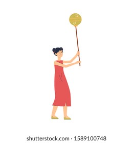 Cartoon woman in traditional Chinese costume holding long stick with sphere lantern - happy asian girl performing in New Year holiday festival dance, isolated flat vector illustration.