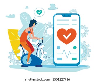Cartoon Woman Training on Stationary Bike and Controlling Pulse on Mobile App. Digital Health Care and Smart Medicine. Heartbeat Monitoring via Smartphone Application. Vector Flat Illustration