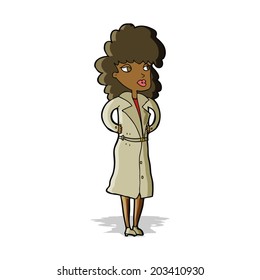 cartoon woman in trench coat