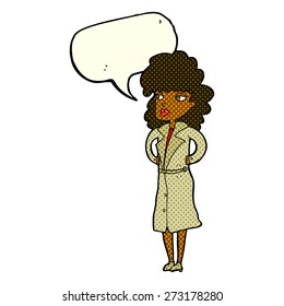 cartoon woman in trench coat with speech bubble