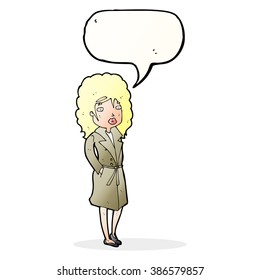 cartoon woman in trench coat with speech bubble