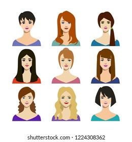 Cartoon Woman Trendy Hairstyles Icons Set Various Colors and Types of Female Hair Concept Flat Design Style. Vector illustration