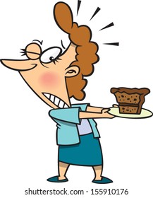 Cartoon woman trying to withstand the chocolate cake temptation