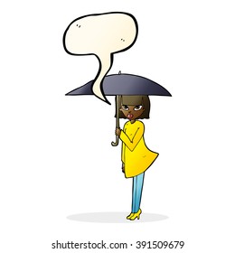 cartoon woman with umbrella with speech bubble