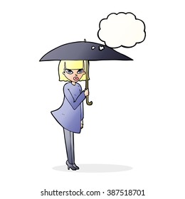 cartoon woman with umbrella with thought bubble