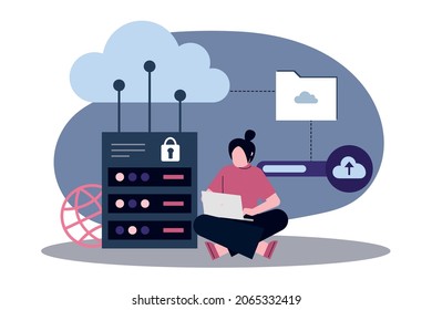 Cartoon Woman Uploading Files To Cloud Storage. Hosting Stage Service. Data Storage And Processing. Computing And Network Services. Database For Documents. Web Datacenter Server. Vector Illustration