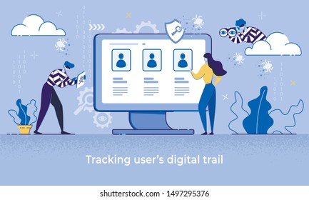 Cartoon Woman Use Computer, Man Thief Watch Vector Illustration. Tracking User Internet Data. Digital Footprint. Identity Theft, Personal Information Hack, Spy Software Risk, Cyber Crime