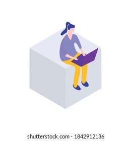 cartoon woman using a laptop computer sitting over white background, flat style, vector illustration