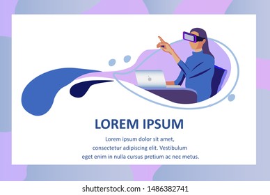Cartoon Woman Using Laptop and VR Glasses Headset for Graphic Designer Work, Rest, Play Video Game and Watch Movie. Augment Reality Visualization. Advertising Text Banner. Vector Flat Illustration