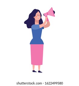cartoon woman using megaphone icon over white background, vector illustration