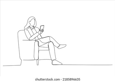 Cartoon of woman using mobile phone with new application sitting in armchair. Single continuous line art style
