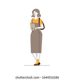 Cartoon woman using tablet. Female student standing and holding digital device flat vector illustration. Free Wi-Fi, communication concept for banner, website design or landing web page