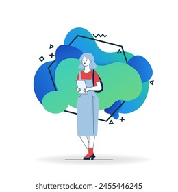 Cartoon woman using tablet. Female student standing and holding digital device flat vector illustration. Free Wi-Fi, communication concept for banner, website design or landing web page