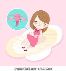 cartoon woman with uterus health concept on pink background