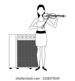cartoon woman with violin and sound amplifier over white background, vector illustration