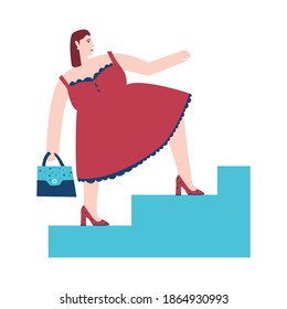 Cartoon a woman walking up with a bag in her hand. Vector flat illustration in white background