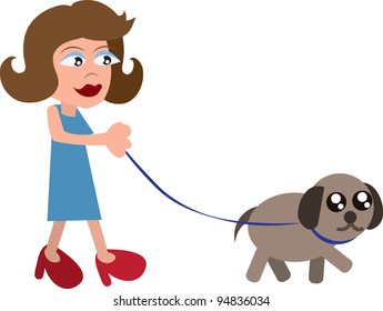 Cartoon woman walking dog with a leash