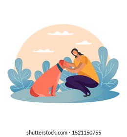 Cartoon woman walking with dog at park. Simple girl with puppy and collar. Flat female strolling or playing with animal. Outdoor or outside view on doggy training. Playful pet. Holiday landscape