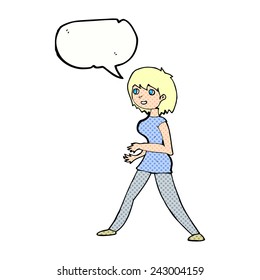 cartoon woman walking with speech bubble