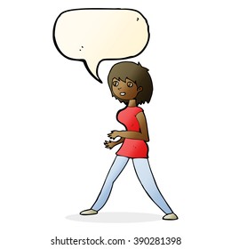 cartoon woman walking with speech bubble