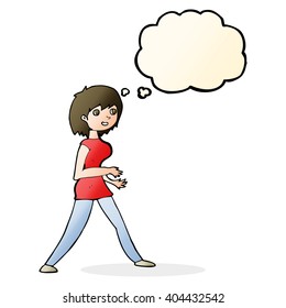 cartoon woman walking with thought bubble