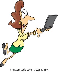 cartoon woman walking/ tripping/ looking for internet signal while holding a laptop computer