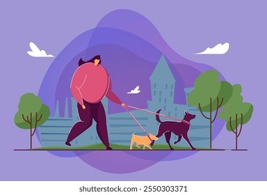 Mujer de la historieta que camina dos perros en parque de la ciudad. Ilustración vectorial plana. Dueña de mascota caminando con perros al aire libre. Animal, mascotas, cuidado, concepto de estilo de vida saludable para el diseño de Anuncio o landing page