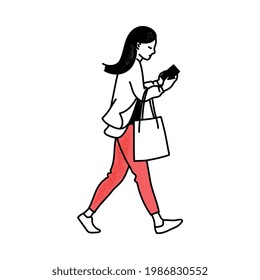 Cartoon woman walking while looking at smartphone screen - busy girl texting or scrolling on phone isolated on white background. Flat side view vector illustration