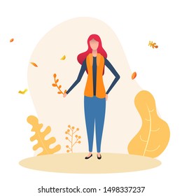 Cartoon woman in warm clothes holds branch. Beautiful outdoor autumn seasonal composition. Modern flat vector illustration.