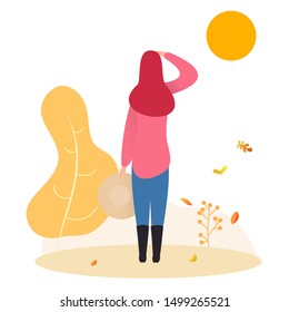 Cartoon woman in warm clothes looking at sun. Beautiful outdoor autumn seasonal composition. Modern flat vector illustration. Back view.