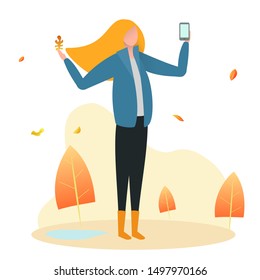 Cartoon woman in warm clothes makes selfie smartphone on background of yellow leaves. Beautiful outdoor autumn seasonal composition. Modern flat vector illustration.