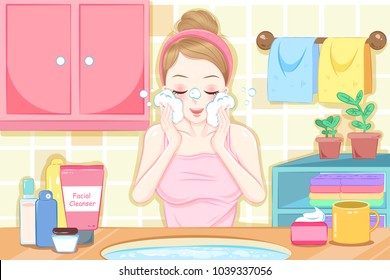 Cartoon Woman Wash Face In The Bathroom