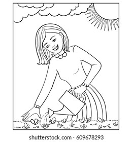 Cartoon woman watering a bed with can, vector image, outline