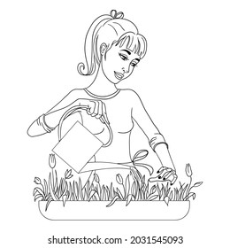 Cartoon woman watering flowers with can, vector image, outline