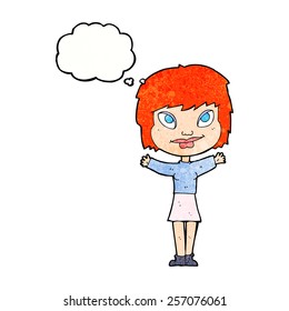 cartoon woman waving arms with thought bubble