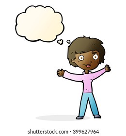 cartoon woman waving arms with thought bubble