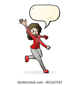 cartoon woman waving dressed for winter with speech bubble