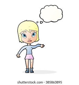 cartoon woman waving hand with thought bubble