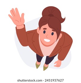 Cartoon woman waving hand top view. Female character look upwards, girl saw something in sky, looking up view from above flat vector illustration. Lady staring up svg