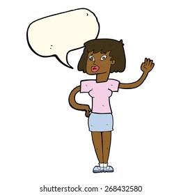 cartoon woman waving with speech bubble