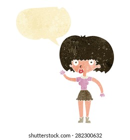 cartoon woman waving with speech bubble