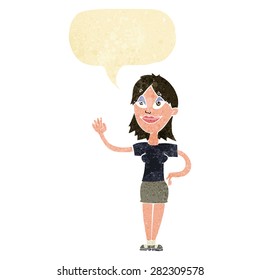 cartoon woman waving with speech bubble