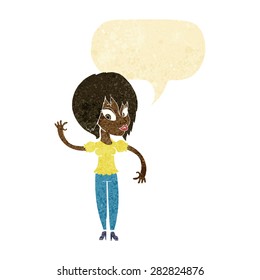 cartoon woman waving with speech bubble