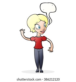 cartoon woman waving with speech bubble